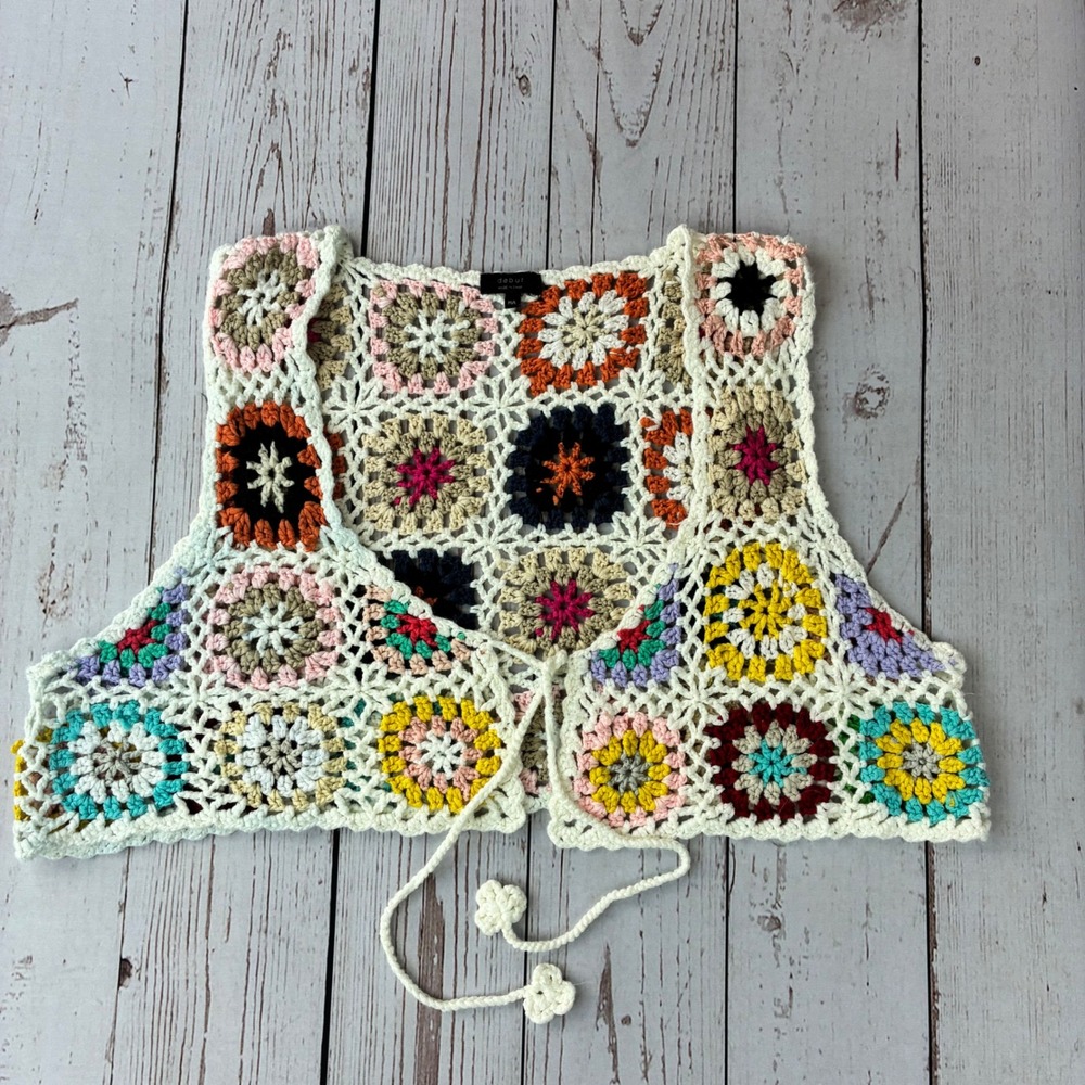 Debut Womens Granny Square Crochet Vest Multi Color Cropped Tie Front Medium